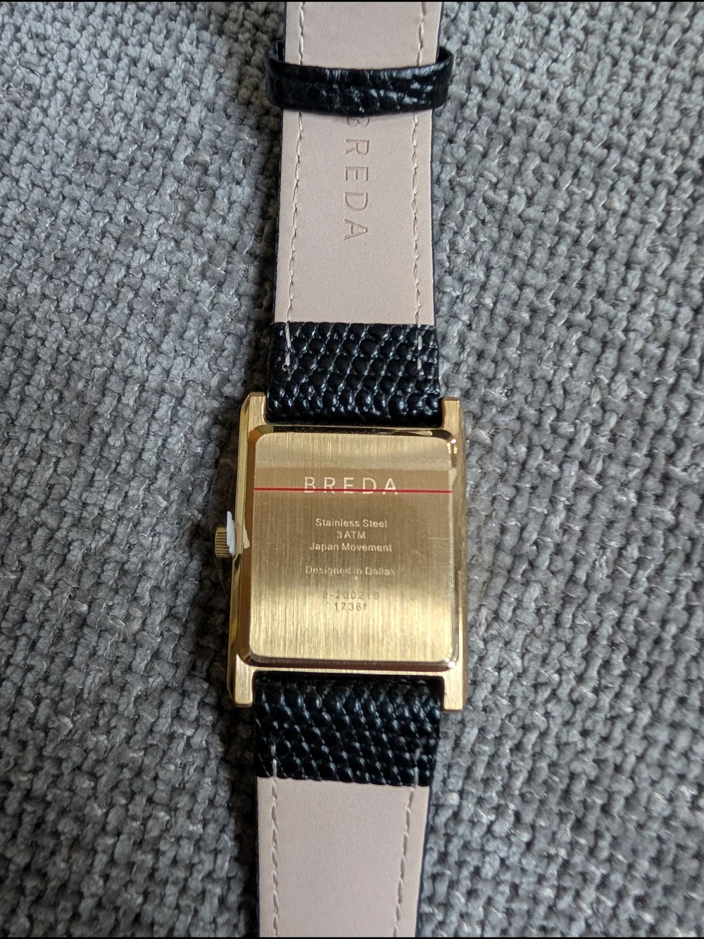 BREDA Men's Black Leather Strap Gold-Tone Square Watch